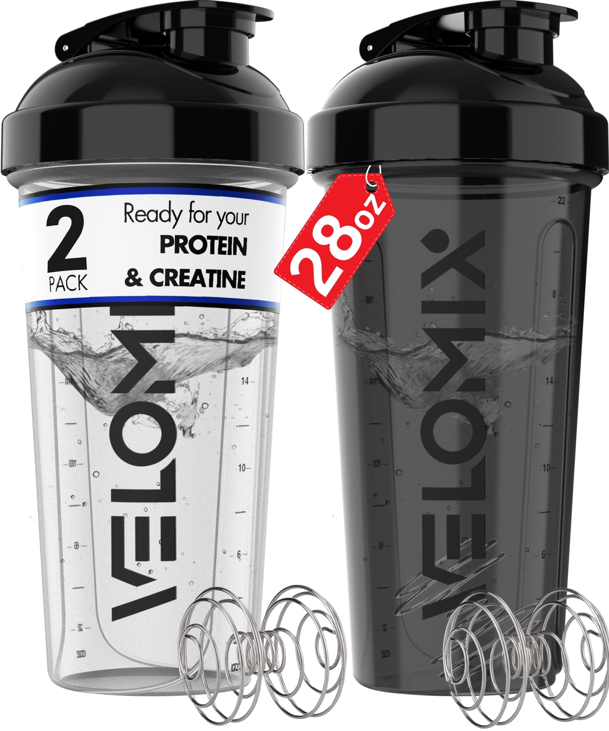 28 Oz Protein Shaker Bottles - 2 Pack with 2X Wire Whisk | Leak-Proof Design for Smooth Protein Mixes